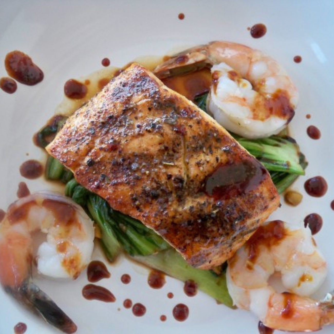 Roasted Salmon, Prawns and Baby Bok Choy