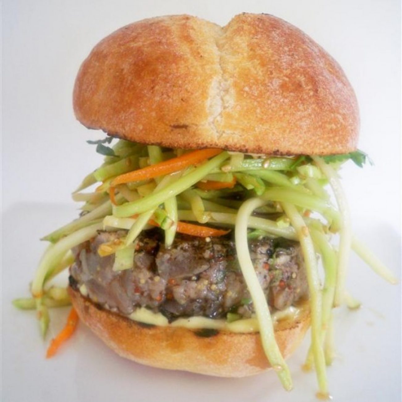 Grilled Tuna Burgers with broccoli Asian slaw