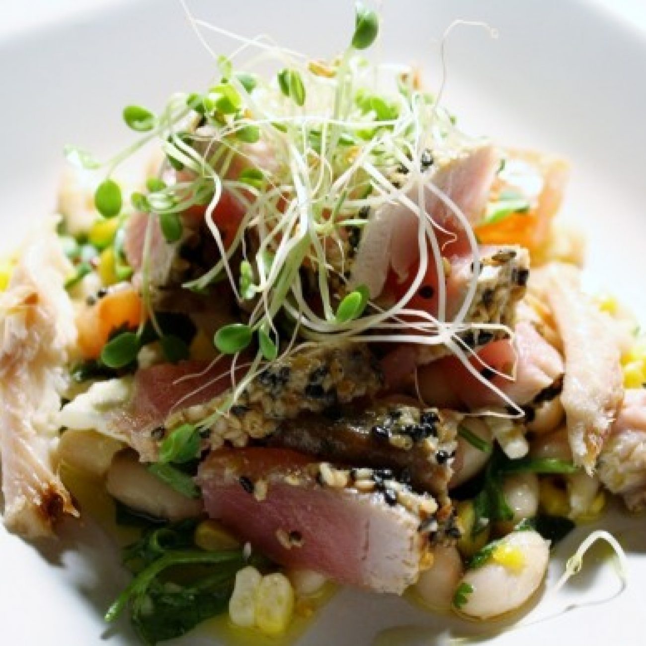 Sesame Seared Tuna on Tomato White Bean Salad
