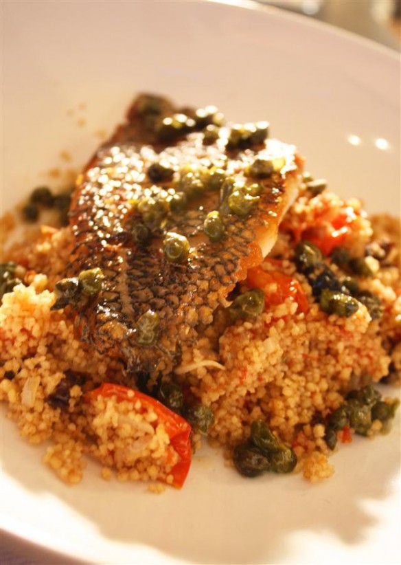 Black Seabass with Chinese five spice couscous and caper butter (Custom)