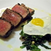 Coffee Rub Rib Eye with Chinese Broccoli and Quail Egg (Custom)