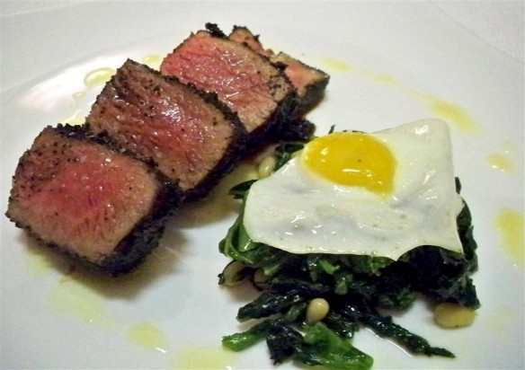 Coffee Rub Rib Eye with Chinese Broccoli and Quail Egg (Custom)