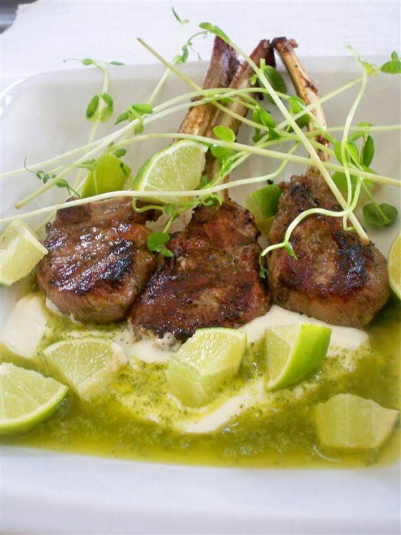 Grilled Lamb lollipops with cilantro mint creme fresh (Custom)