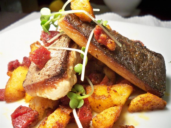 Grilled mackerel with potato and chorizo hash (Custom)