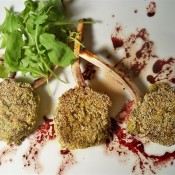 Lamb with basil polenta crust and red wine bernaise (Custom)