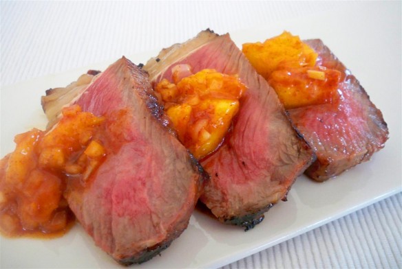 Rib eye steak with mango cinnamon salsa (Custom)