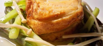 Scallop Stuffed Salmon Wellington with steamed Asparagus (Custom)