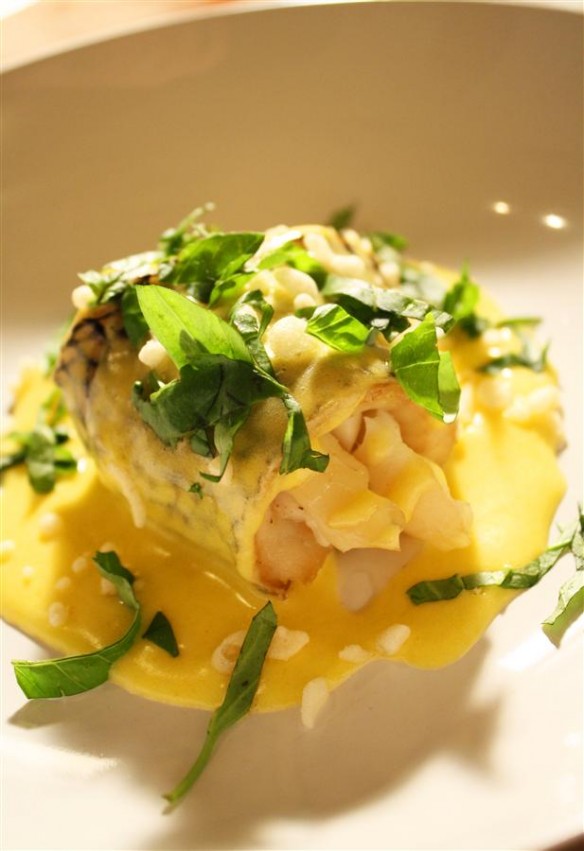 Steamed black bass with lemon chili hollandaise (Custom)