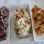 the seared sesame tuna, shredded smoke paprika chicken and bbq shrimp