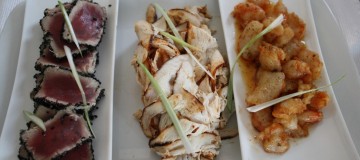 the seared sesame tuna, shredded smoke paprika chicken and bbq shrimp