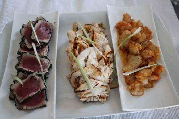 the seared sesame tuna, shredded smoke paprika chicken and bbq shrimp
