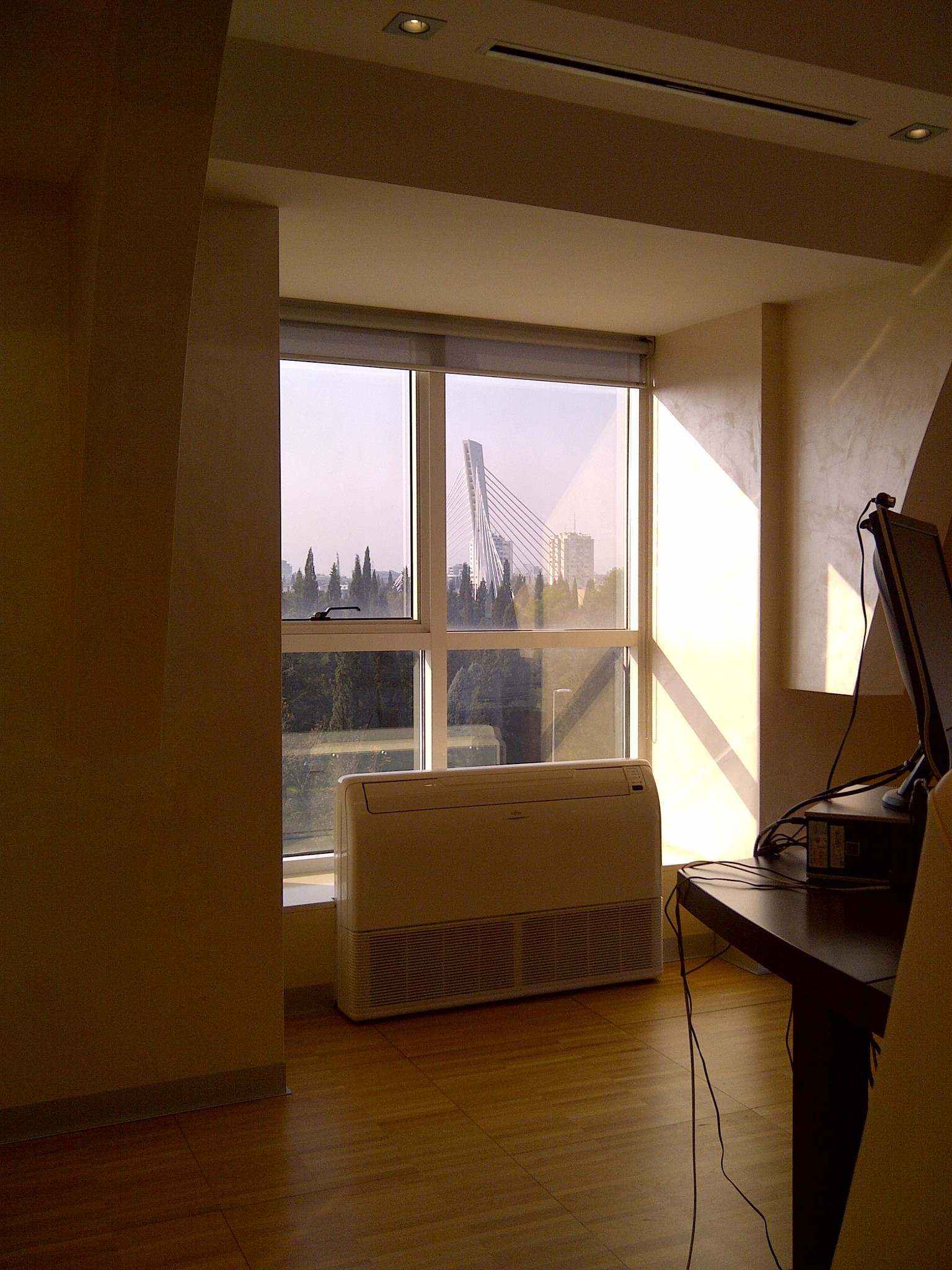 A bridge seen through a hotel window