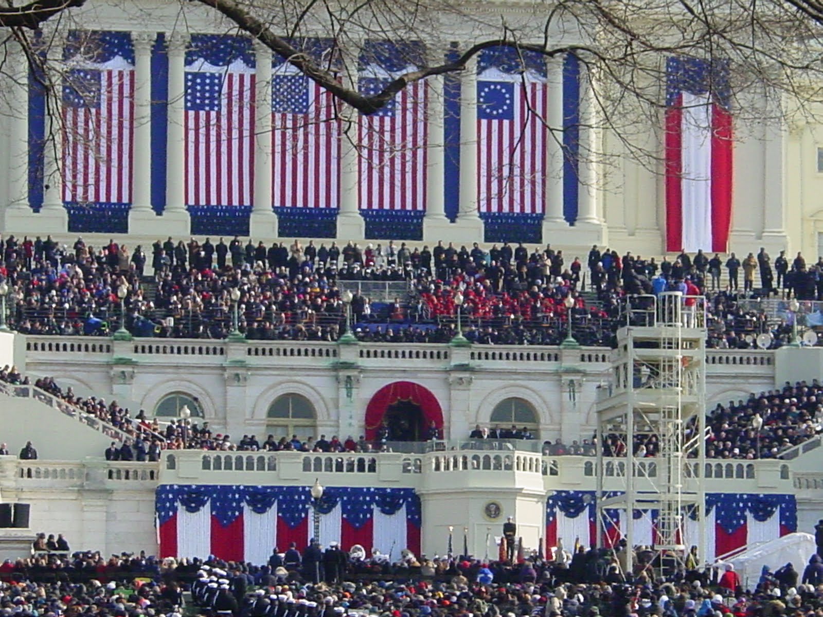 Inauguration crowds and the flag-draped Capitol seen through winter branches