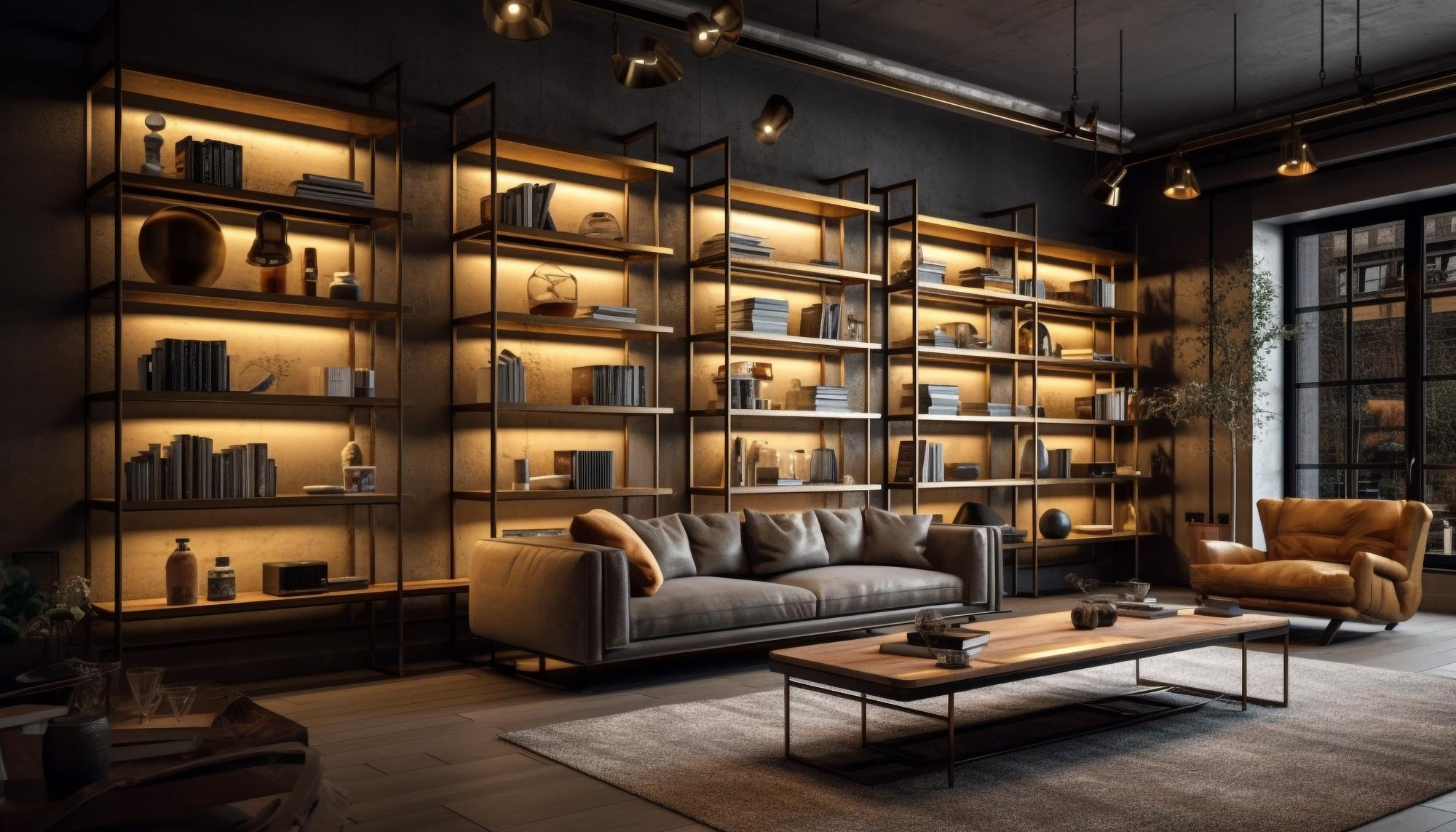 Warm illuminated shelves with books and objects, a sofa and a leather reading chair beside a tall window