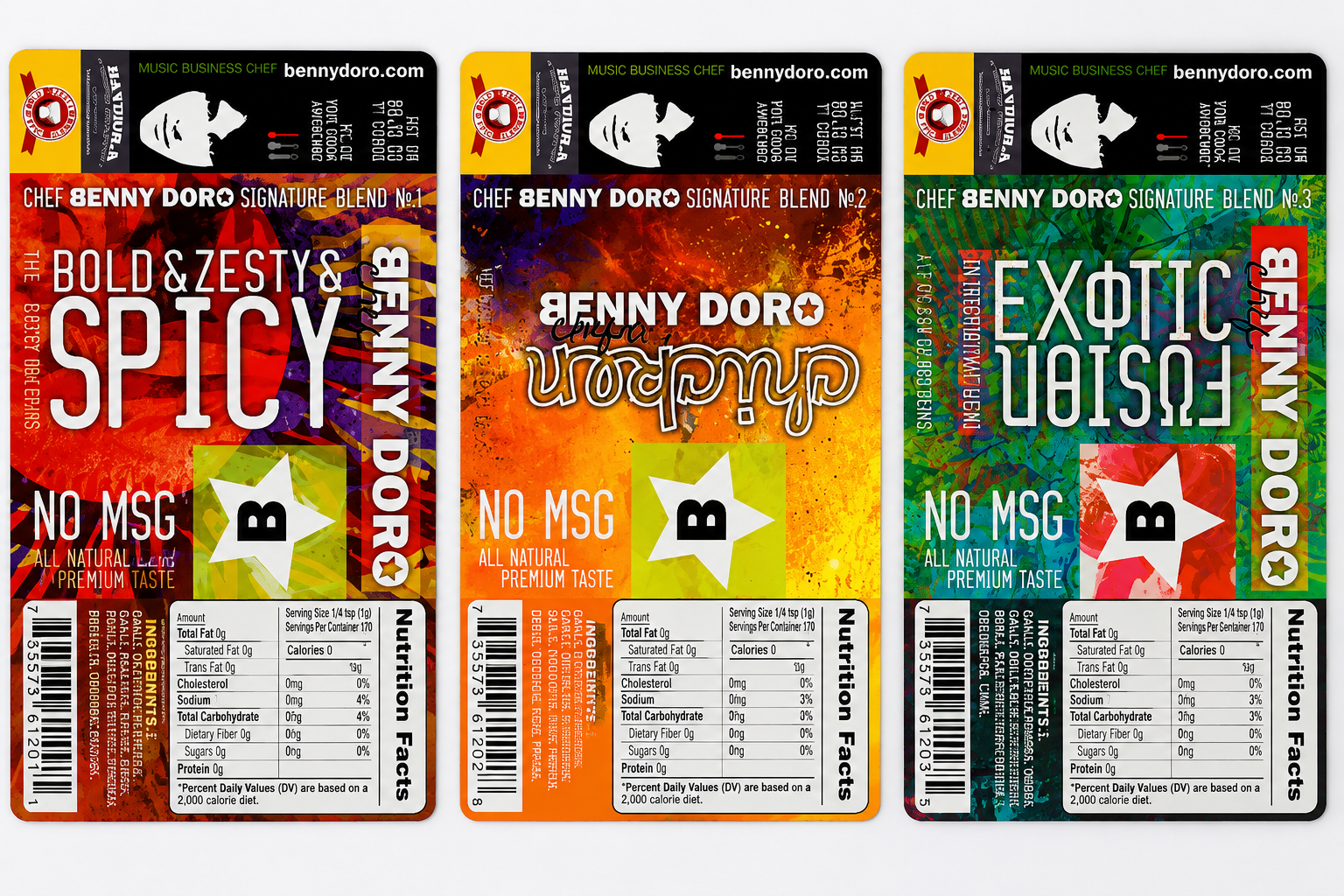 Three colorful Chef Benny Doro Signature Blend package designs