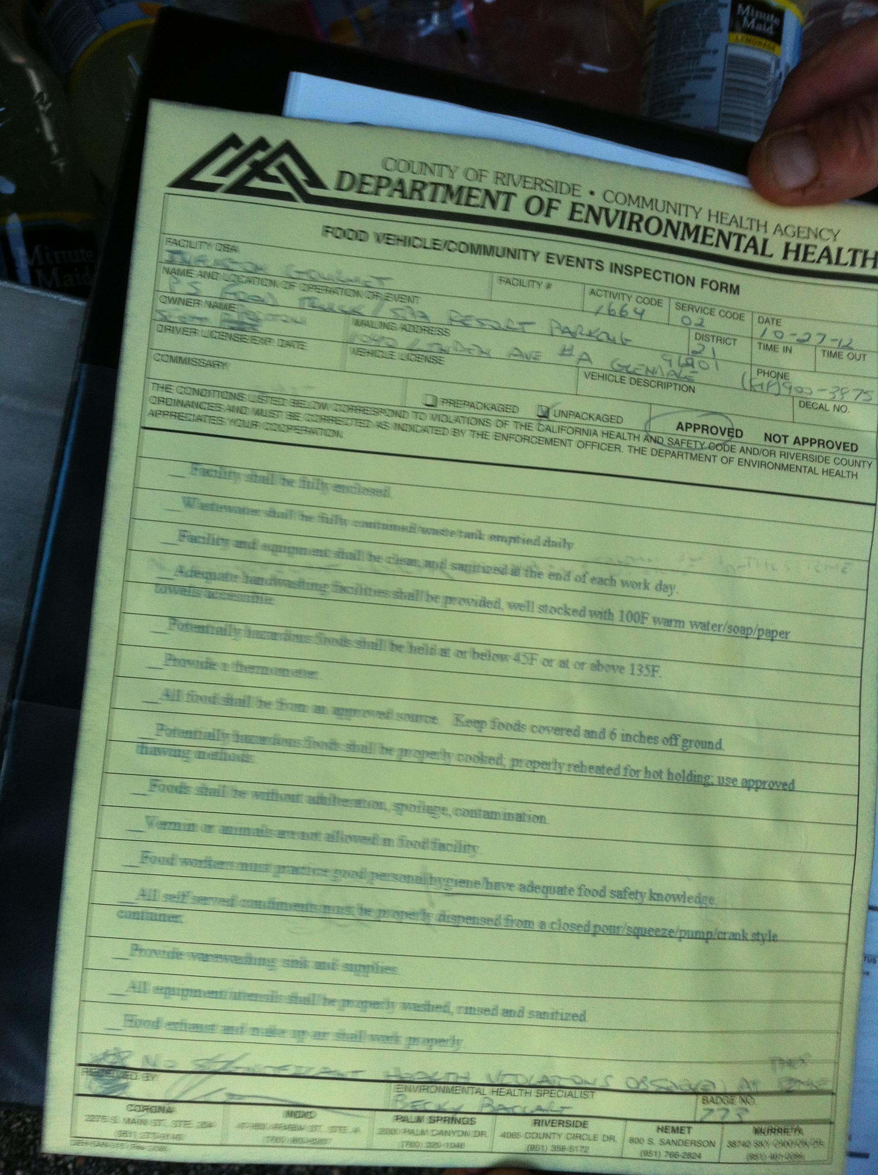Riverside County food-vehicle inspection paperwork.