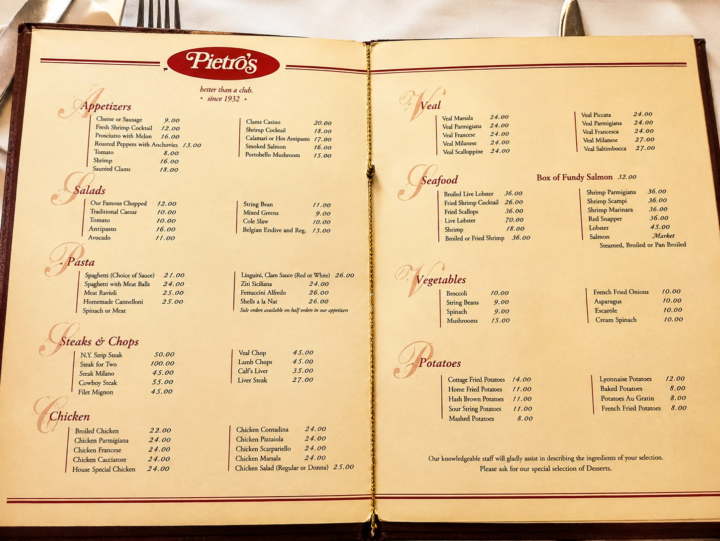 Reconstructed open Pietro’s menu showing appetizers, pastas, steaks, seafood and sides